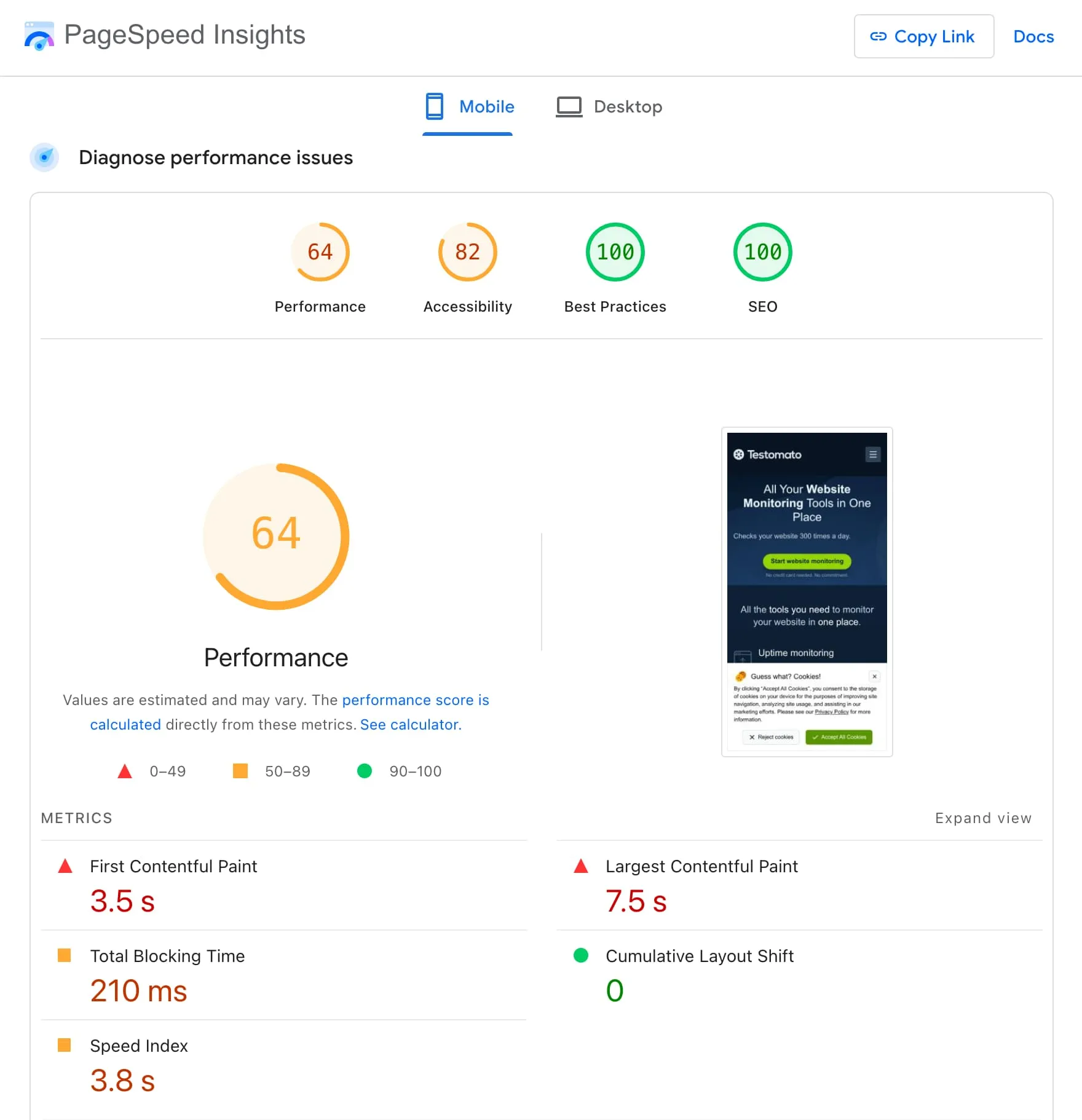 PageSpeed Insights Performance score for old site