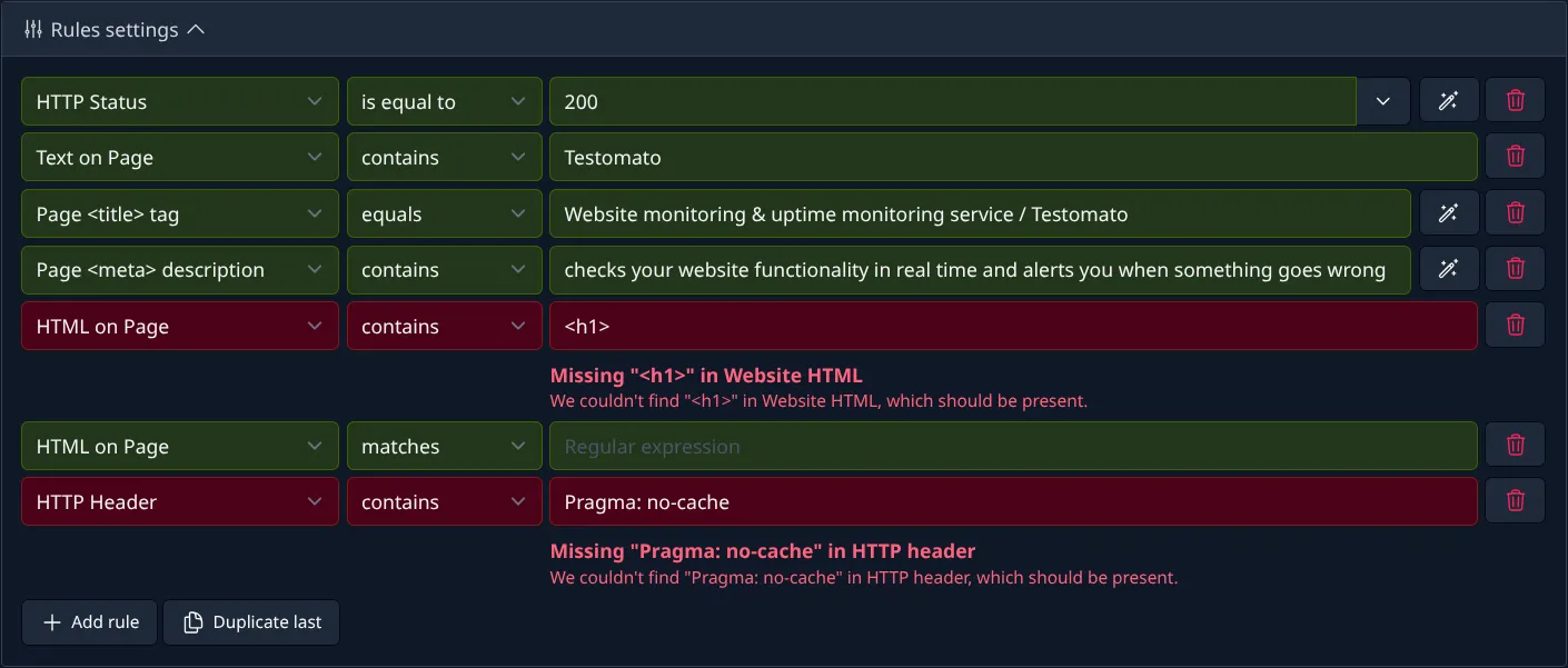 Website monitoring rules settings