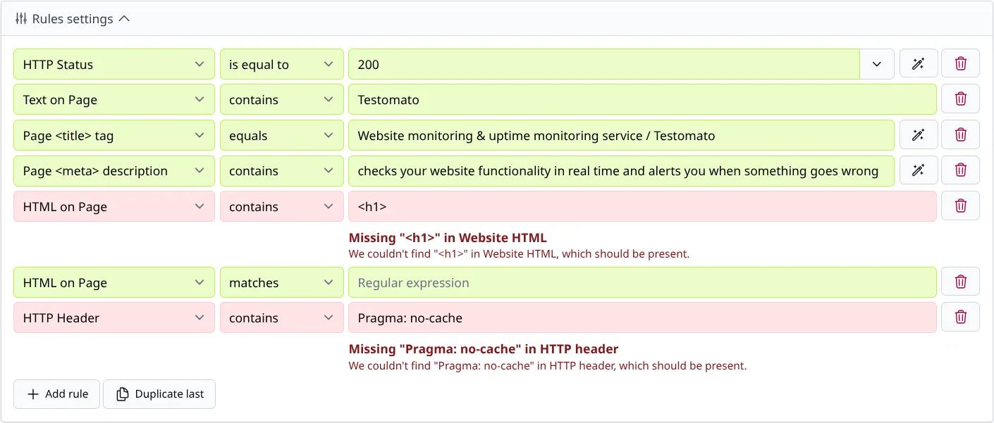 Website monitoring rules settings