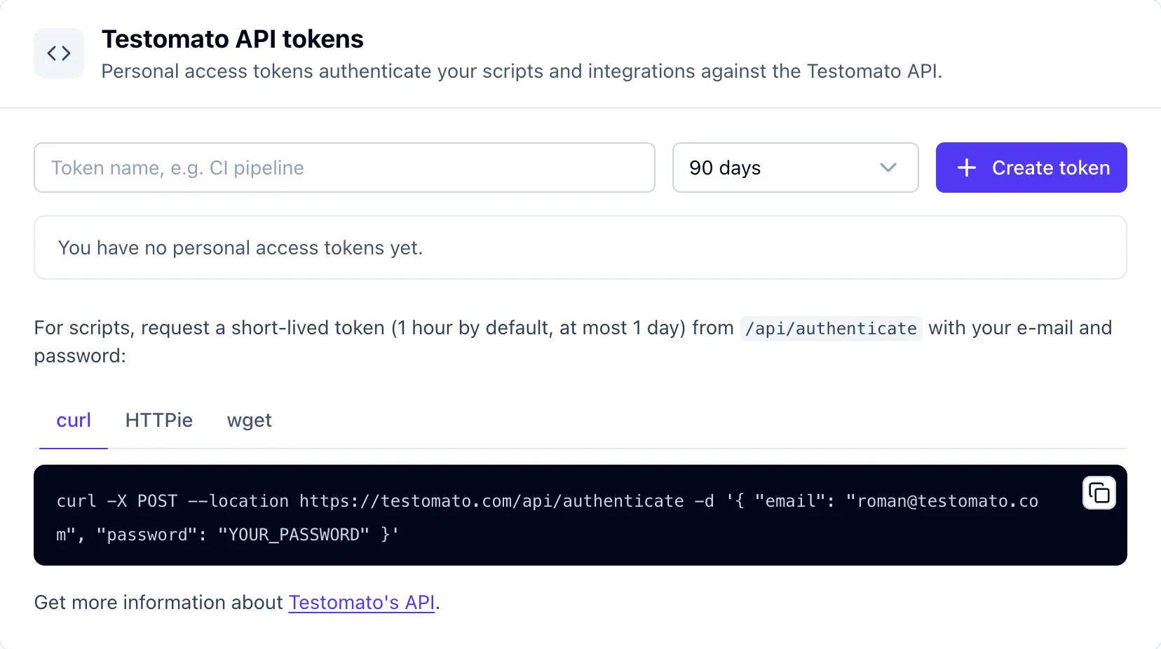 Testomato API tokens section in account settings