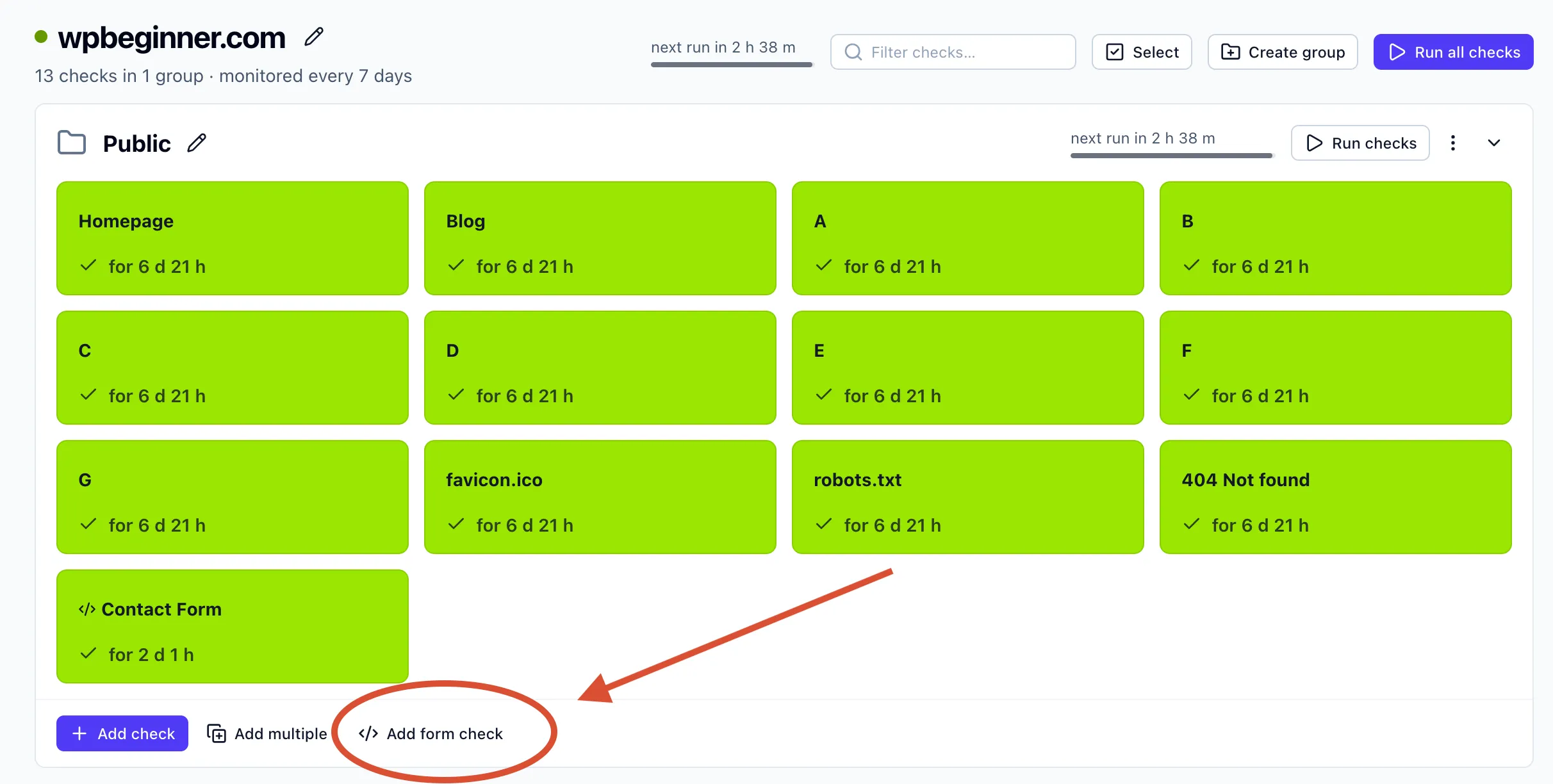The Add form check button next to Add check and Add multiple in the checks toolbar