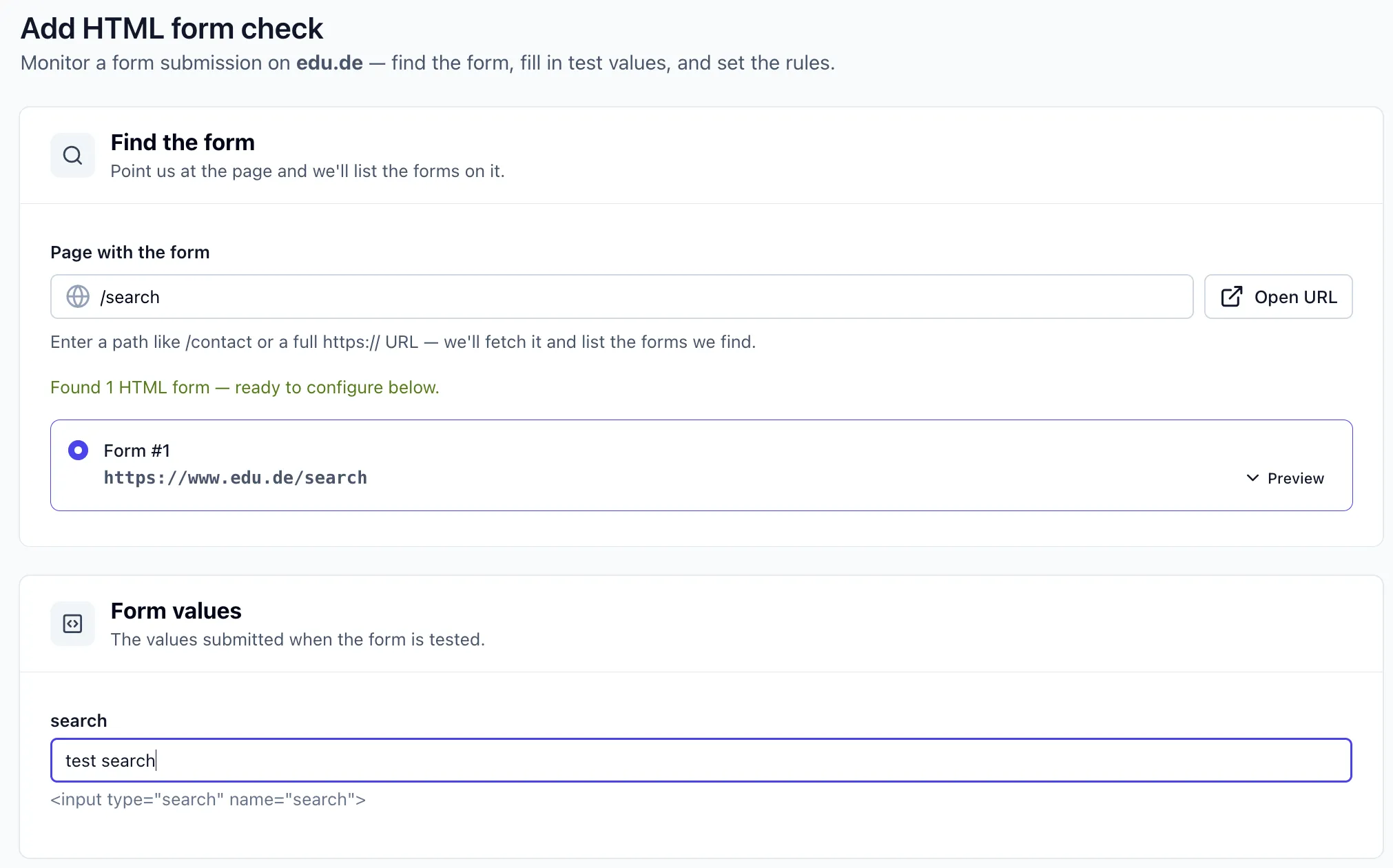 The Add HTML form check screen, showing a detected form on edu.de and its field ready for a test value