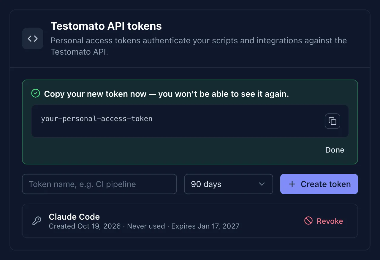 A new personal access token named Claude Code in Testomato account settings, with the copy-once token panel