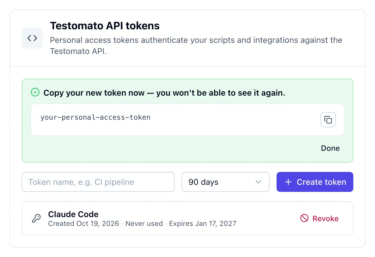 A new personal access token named Claude Code in Testomato account settings, with the copy-once token panel