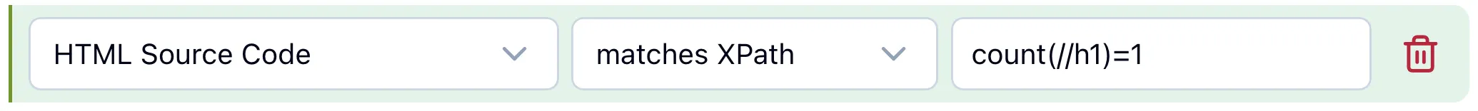 Testomato check editor: an HTML Source Code check with the matches XPath operator and value count(//h1)=1.