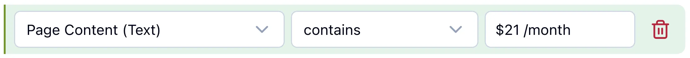 Testomato check editor: a Page Content (Text) check with the contains operator and value $21 /month.