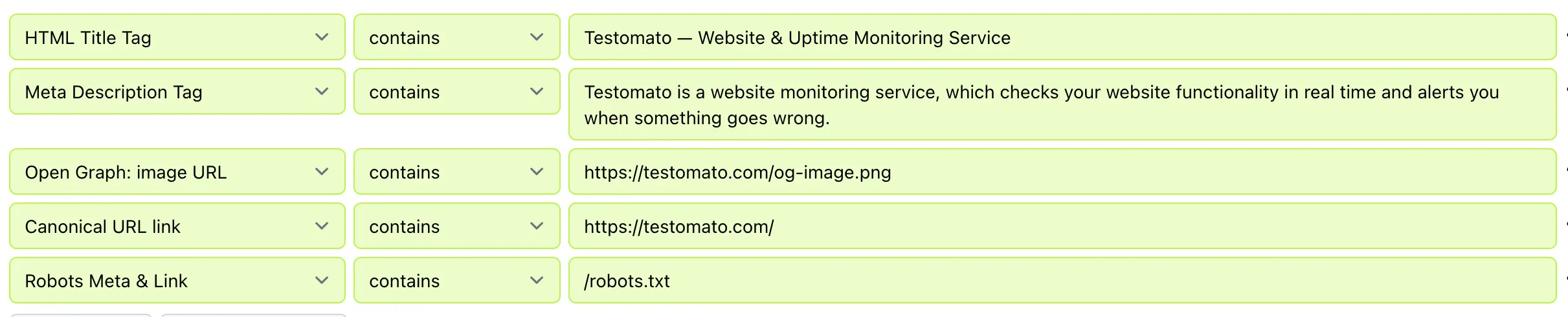Five meta-tag checks in Testomato showing what was discovered on the page: HTML Title Tag, Meta Description Tag, Open Graph image URL, Canonical URL link, and Robots Meta & Link — each with its scraped value.