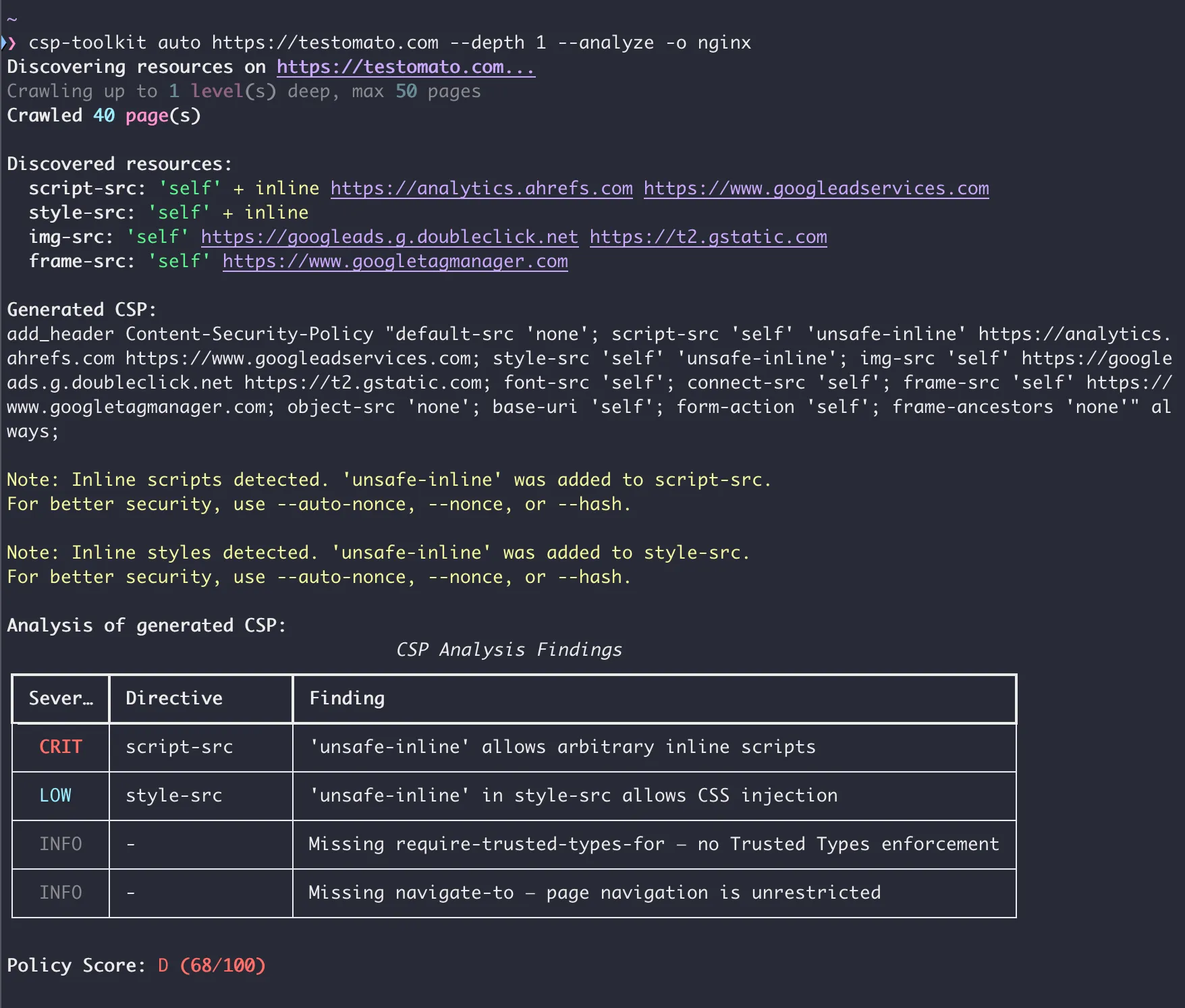 csp-toolkit crawling testomato.com and generating a report-only policy