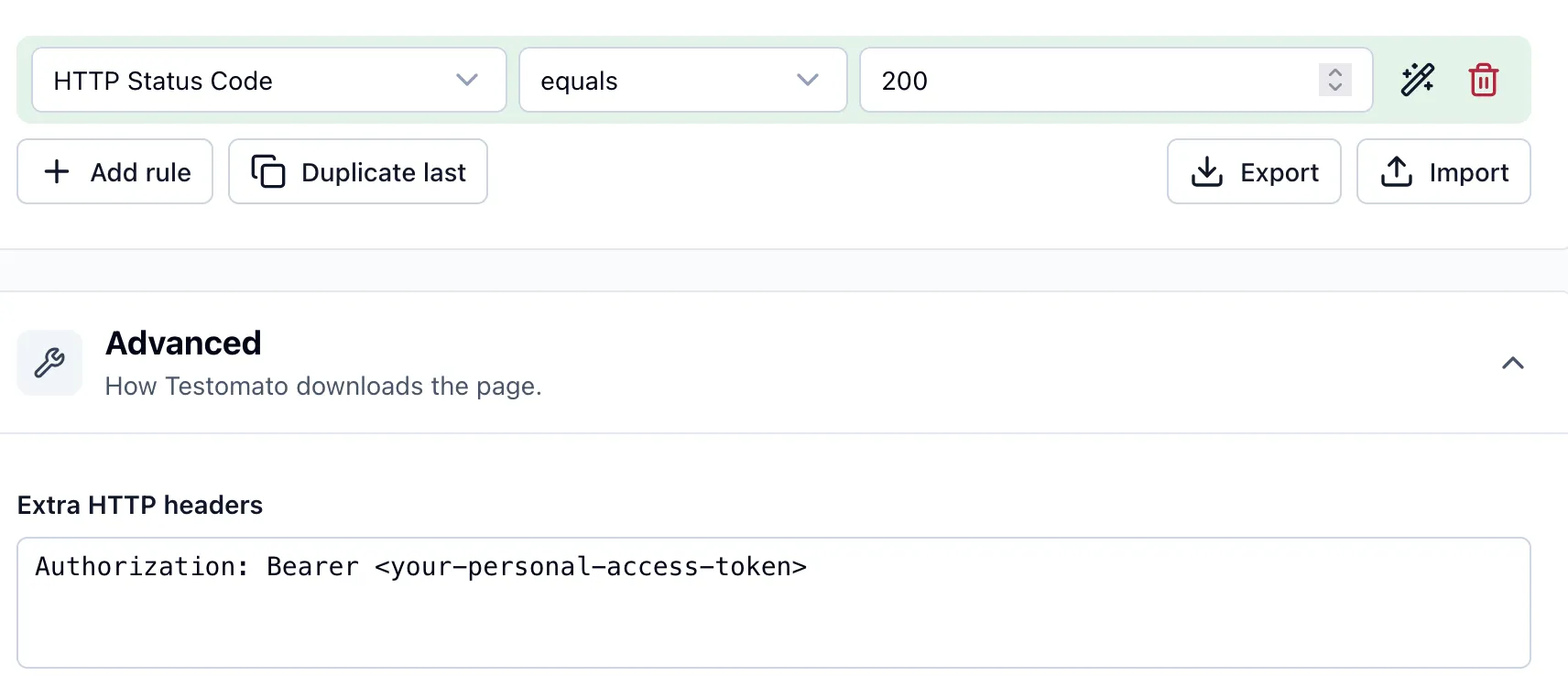 HTTP Status Code rule and an Authorization bearer header in Extra HTTP headers
