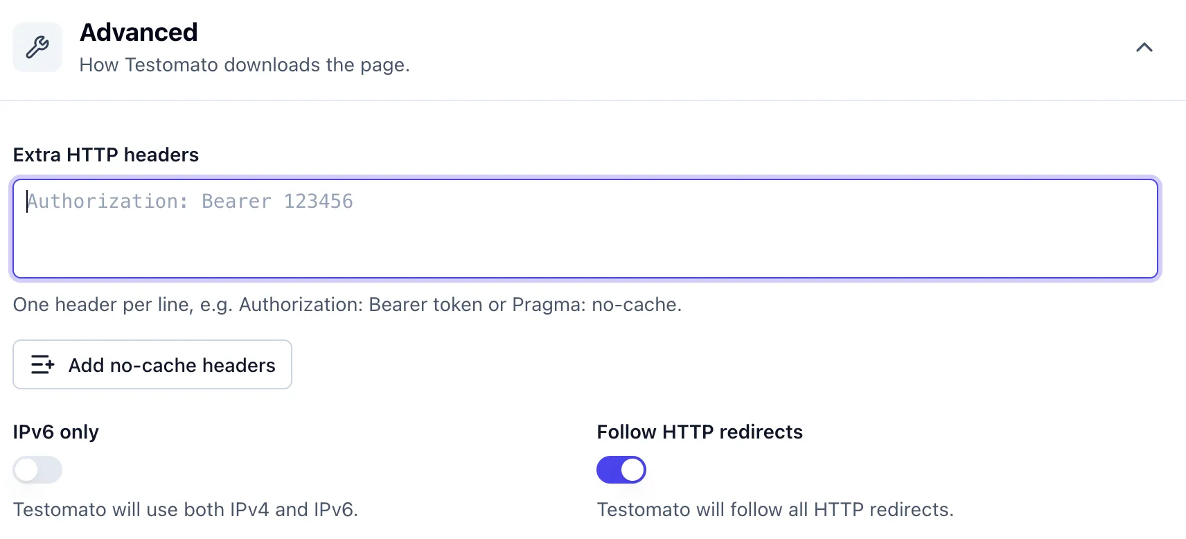 Empty Extra HTTP headers field in the check editor's Advanced settings