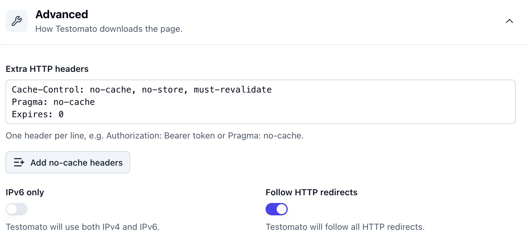 Extra HTTP headers field filled by the Add no-cache headers button