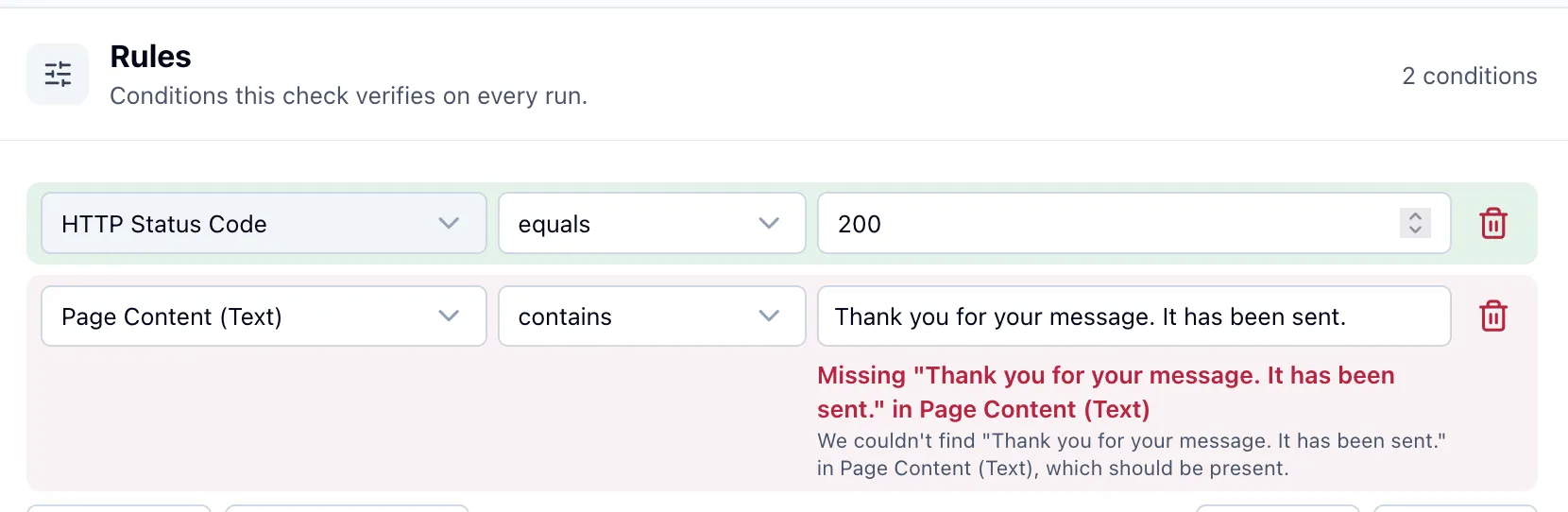 A form check's rules: HTTP Status Code passing at 200 while Page Content (Text) fails because the confirmation message is missing