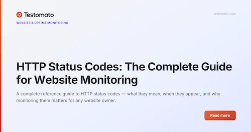 Facebook link preview for the Testomato HTTP status codes blog post showing a rich card with a branded OG image, title, and description.