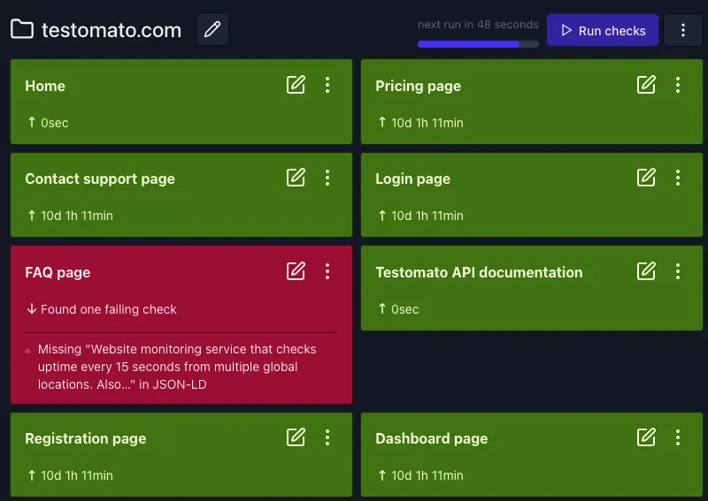 Testomato dashboard showing a failing JSON-LD check