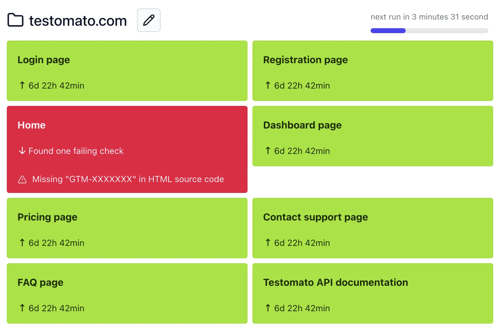 GTM tracking code missing alert in Testomato checks dashboard