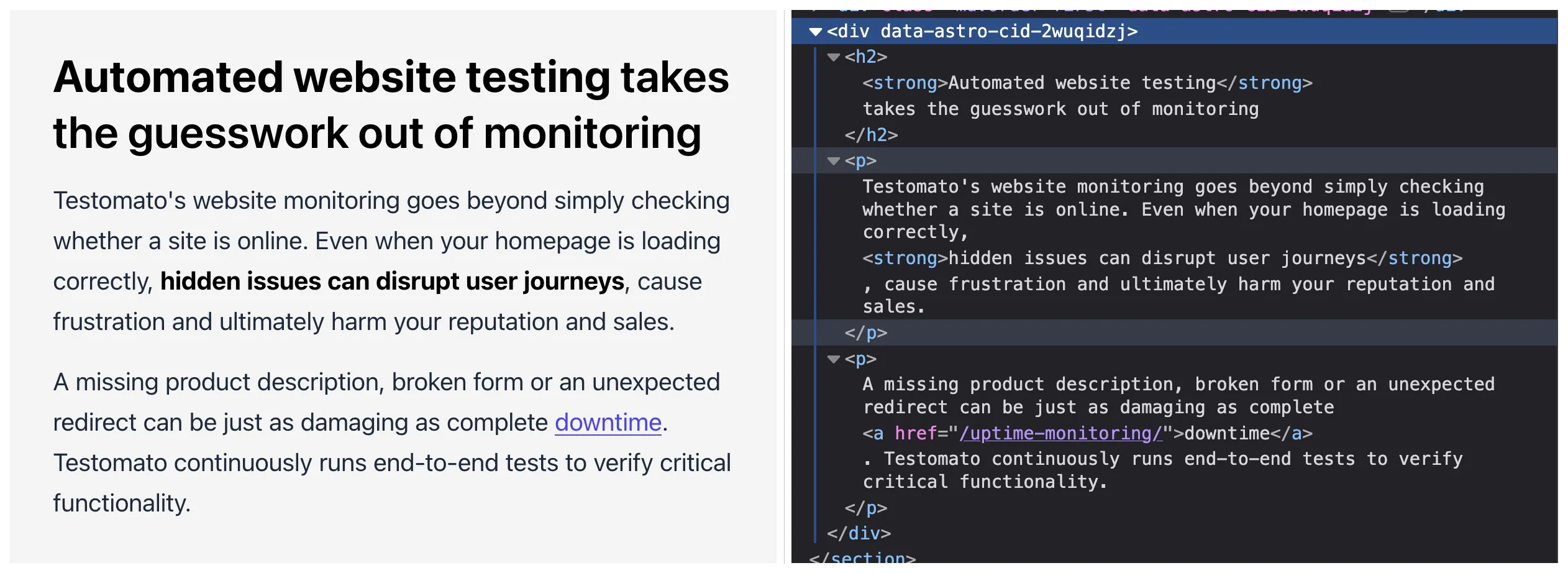 Side by side: the rendered "Automated website testing takes the guesswork out of monitoring" section from testomato.com/website-monitoring/ next to its raw HTML in DevTools, showing the h2, p, strong, and a tags that Page Content strips out.
