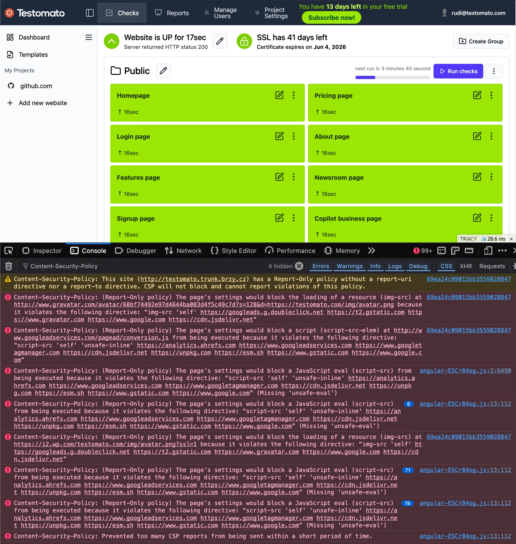 Testomato dashboard with report-only violations in the browser console