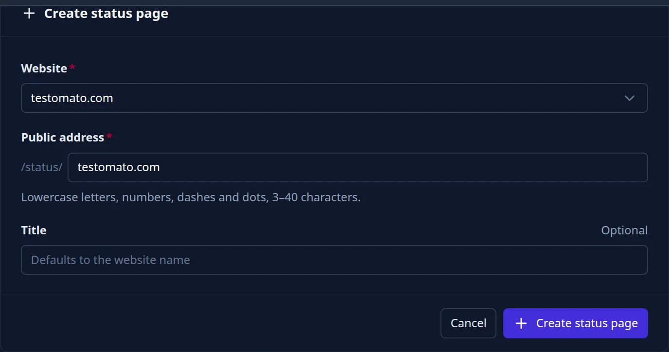 Create status page form — pick a website and choose a public address