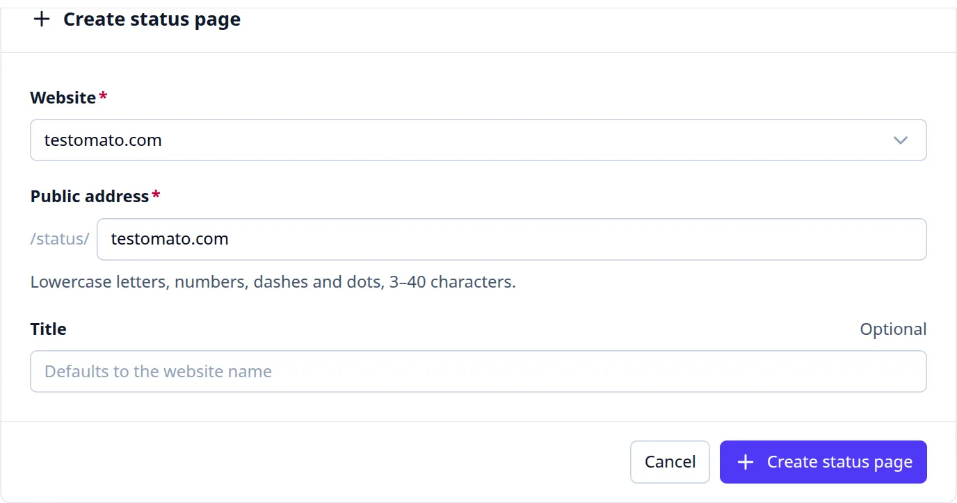 Create status page form — pick a website and choose a public address