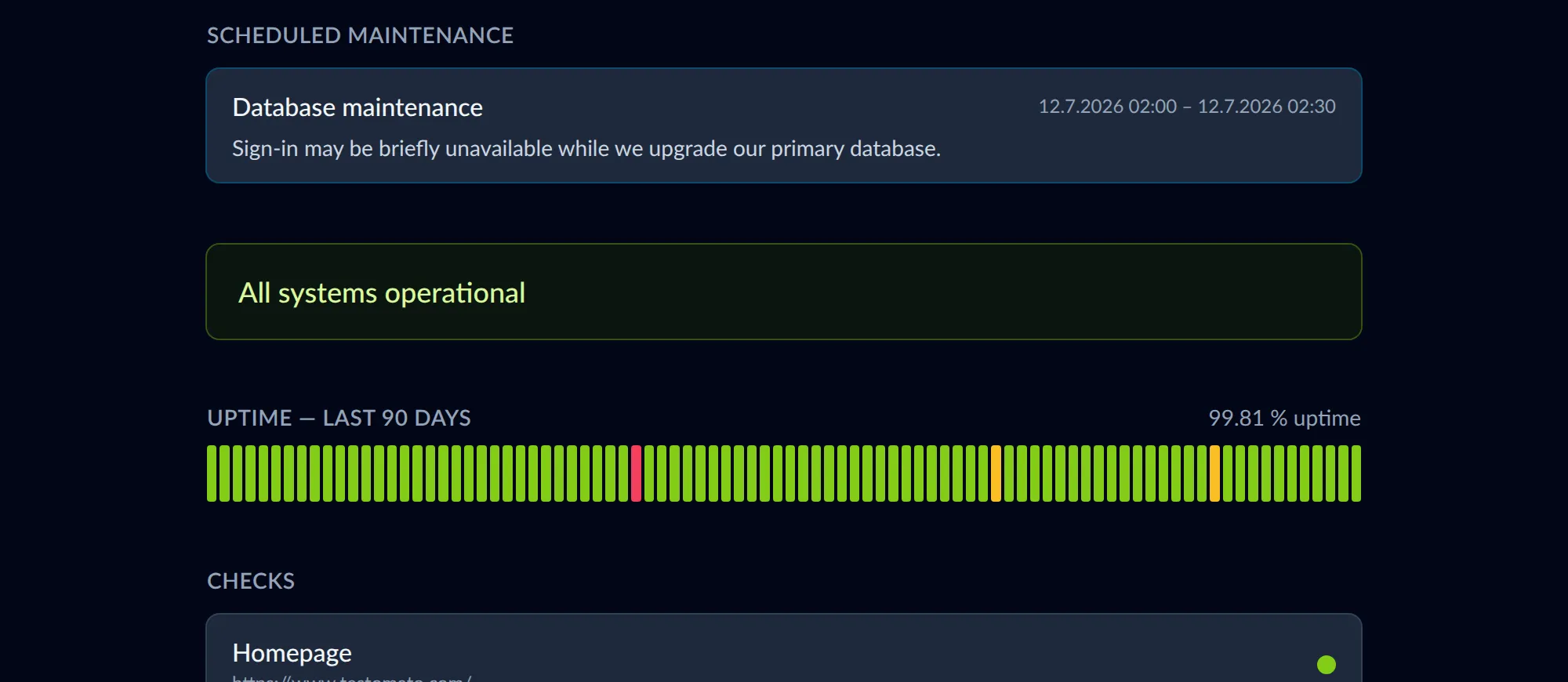 Status page with scheduled maintenance, live status banner, and 90-day uptime history