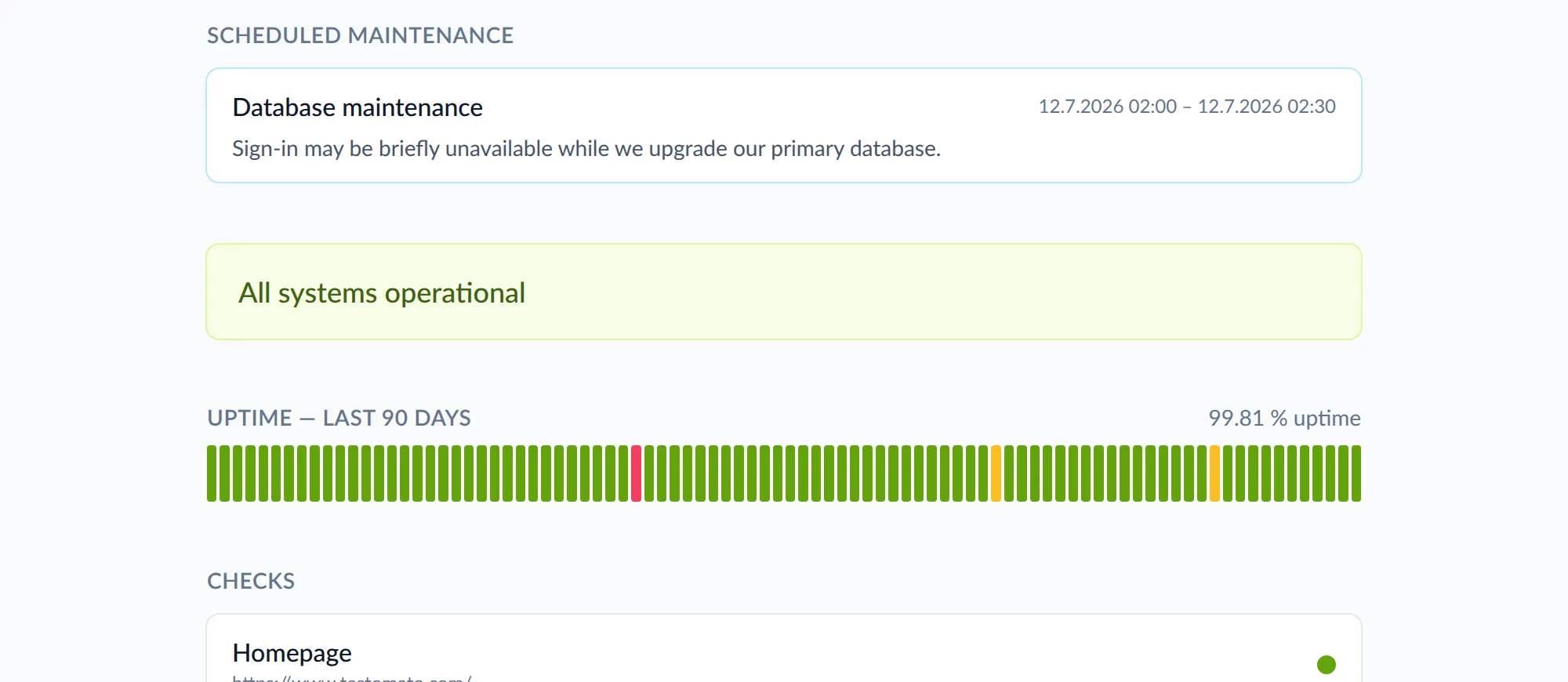 Status page with scheduled maintenance, live status banner, and 90-day uptime history