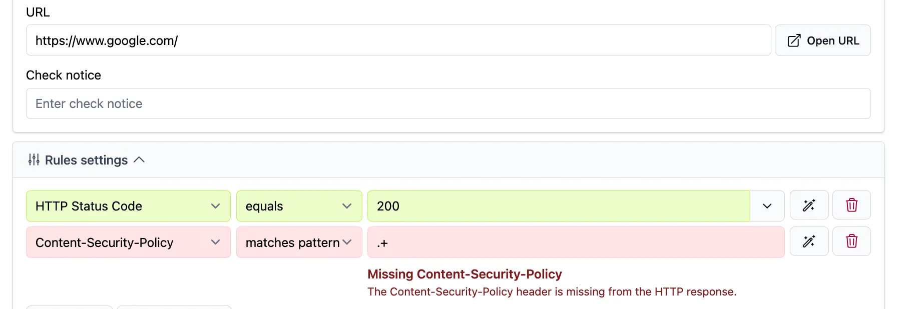 Testomato check showing "Missing Content-Security-Policy" on Google