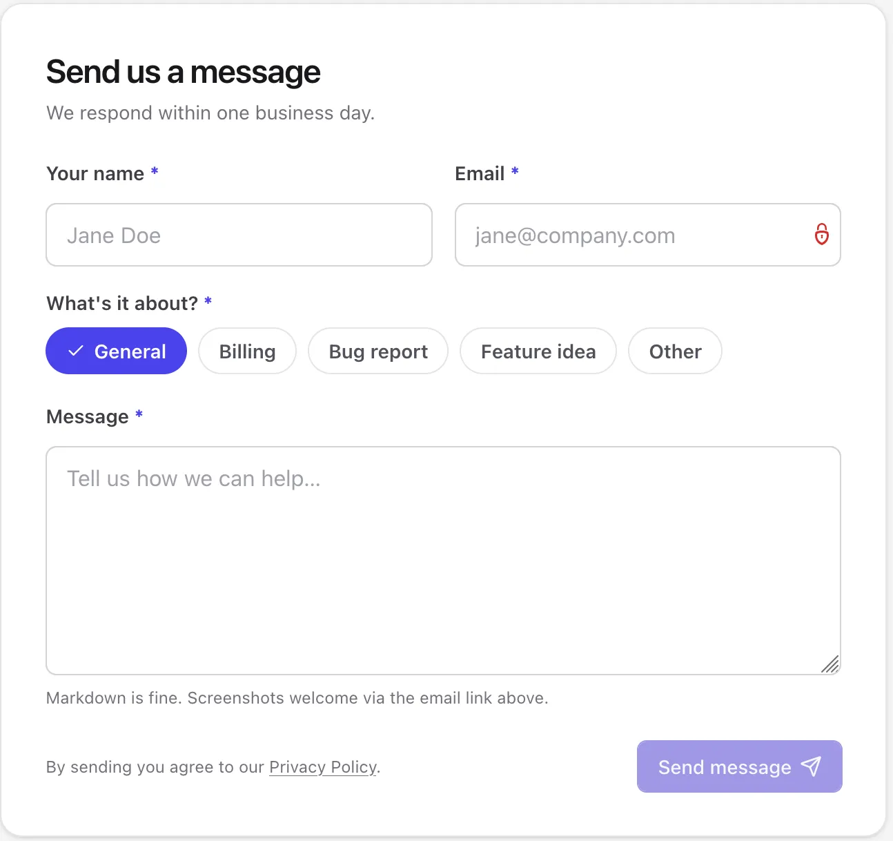A modern contact form with name, email, topic buttons, and a message field