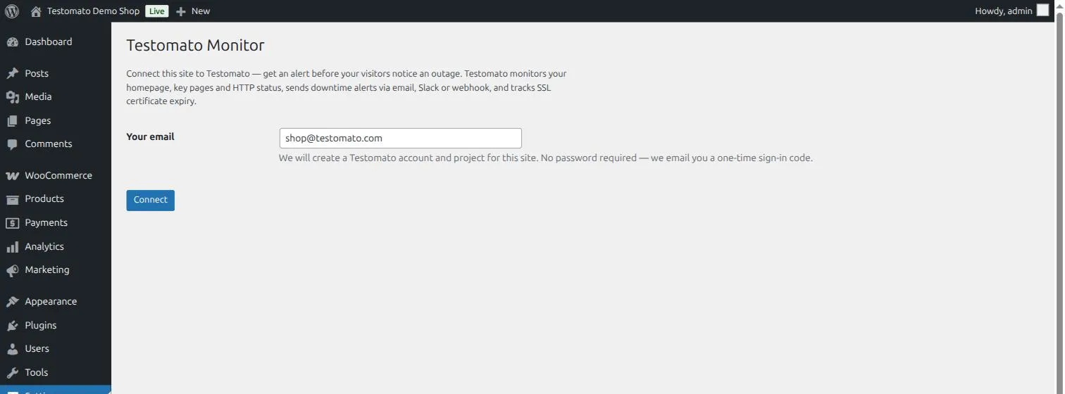 The Testomato Monitoring connect form in WordPress Settings