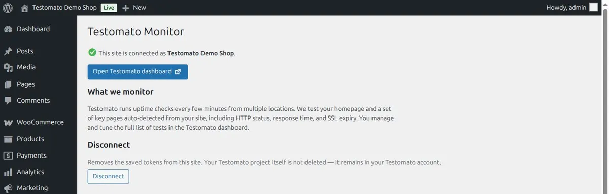 Testomato Monitoring settings page in the WordPress admin