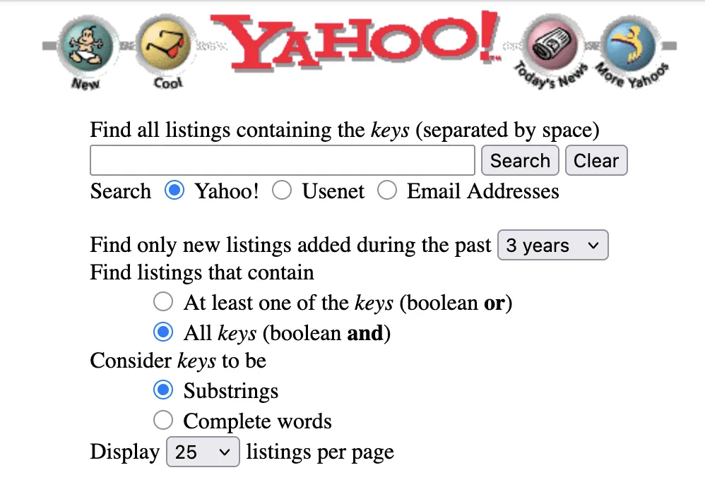 Yahoo's 1990s-era advanced search form, with radio buttons, a dropdown, and checkboxes for filtering listings
